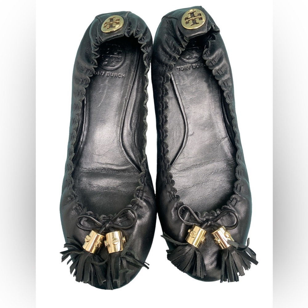 Tory Burch Black Leather Flats with Gold Accents